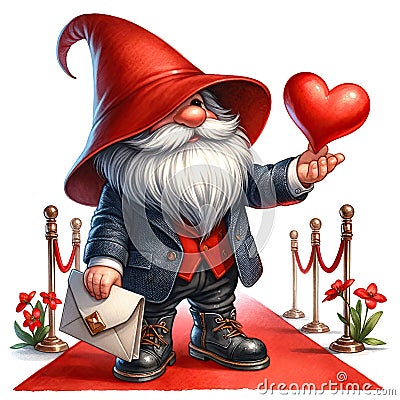 Whimsical red Gnome Valentines on the red carpet wear red long hat and holding red Heart, watercolour clipart Stock Photo