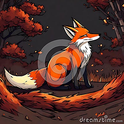 Whimsical Guardian: The Smiling Fox in the Ember Woods Cartoon Illustration