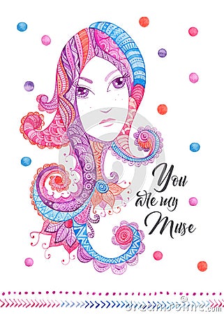 Whimsical hand drawn card template with watercolor zentangles, female portrait Stock Photo