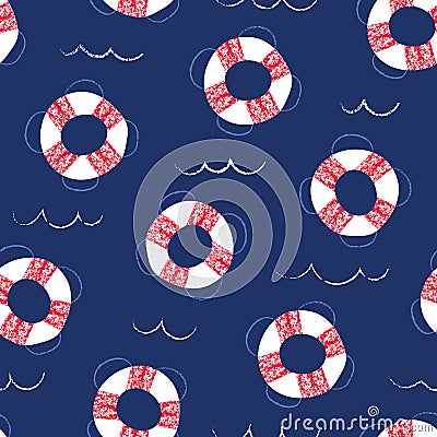 Whimsical, Hand-Drawn with Crayons, Lifebuoys in Sea Vector Seamless Pattern for Kids and Babies Vector Illustration