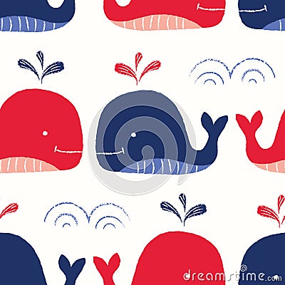 Whimsical, Hand-Drawn with Crayons, Red and Blue Whales in Sea Vector Seamless Pattern for Kids and Babies Vector Illustration