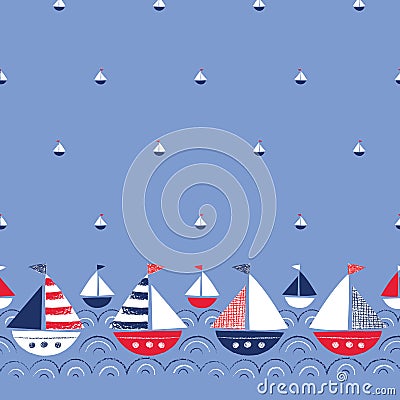 Whimsical Hand-Drawn with Crayons Ships in the Sea Vector Seamless Border and Pattern. Cute Nautical Marine Background Vector Illustration