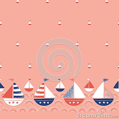 Whimsical Hand-Drawn with Crayons Ships in the Sea Vector Seamless Border and Pattern. Cute Nautical Marine Background Vector Illustration