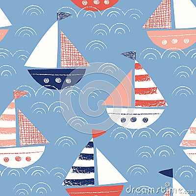 Whimsical Hand-Drawn with Crayons Ships in the Sea Vector Seamless Pattern. Cute Nautical Marine Background Vector Illustration