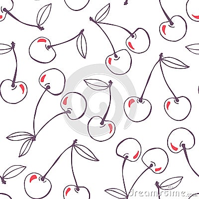 Whimsical hand-drawn doodle cherries vector seamless pattern background. Line Art Summer Fruits Vector Illustration