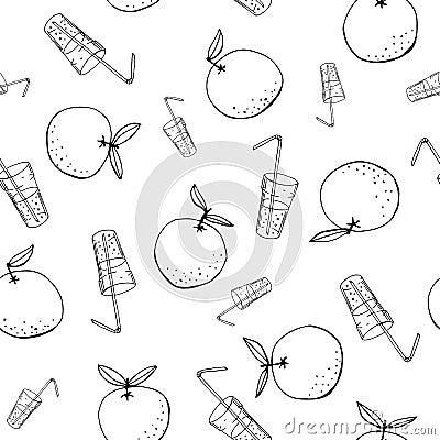 Whimsical hand-drawn doodle oranges and juice vector seamless pattern background. Line Art Summer Fruits Vector Illustration