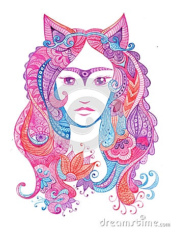 Whimsical hand drawn illustration with watercolor zentangles, female portrait Cartoon Illustration