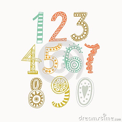 Whimsical hand drawn numbers, from one to zero. Hand-drawn numbers. Vector sketch illustration isolated on white background. Vector Illustration