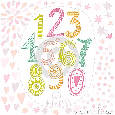 Whimsical hand drawn numbers, from one to zero. Hand-drawn numbers. Vector sketch illustration isolated on white background. Vector Illustration