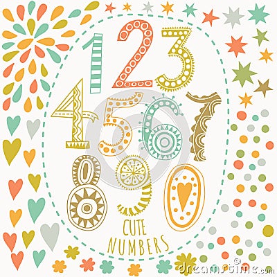 Whimsical hand drawn numbers, from one to zero. Hand-drawn numbers Vector sketch illustration isolated on white background Vector Illustration