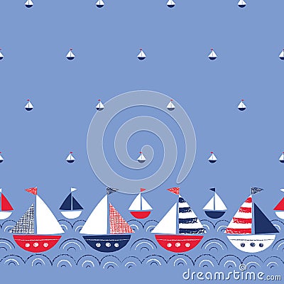 Whimsical Hand-Drawn Ships in the Sea Vector Seamless Border and Pattern. Cute Nautical Marine Background. Crayons Vector Illustration