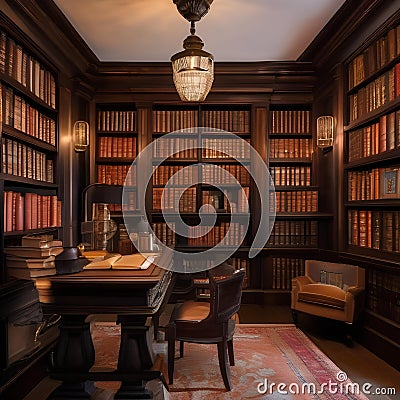 A whimsical Harry Potter-inspired study with book-lined walls, potion bottles, and antique globes3 Stock Photo