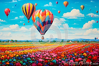 Whimsical hot air balloons floating above a patchwork of vibrant fields and farmlands Stock Photo