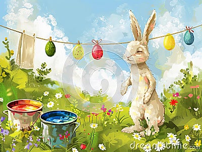 Easter Bunny dying eggs Stock Photo
