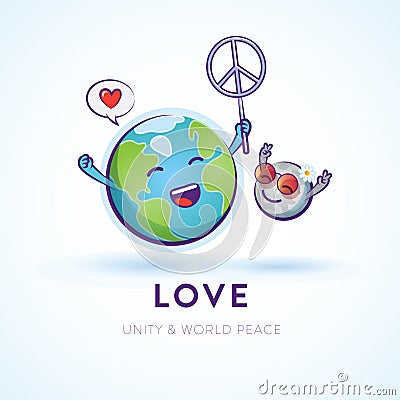 Whimsical illustration of Earth and moon celebrating peace Vector Illustration