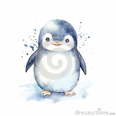 Whimsical Kawaii Penguin Watercolor Illustration With A Touch Of Indigo Cartoon Illustration