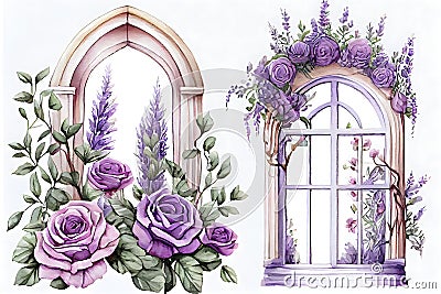 Whimsical Lavender Window with a Beautiful View. Perfect for Invitations and Posters. Stock Photo