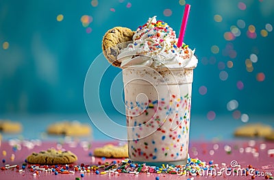 A whimsical milkshake adorned with cookies and colorful sprinkles, embodying dessert extravagance. Stock Photo