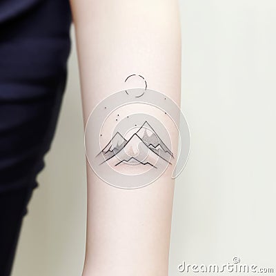 Whimsical Minimalism: Mountain And Moon Tattoo On Forearm Stock Photo