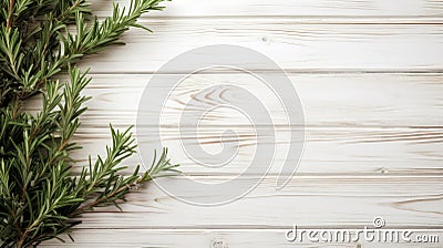Whimsical Minimalism: Rosemary Branches On White Wooden Background Stock Photo