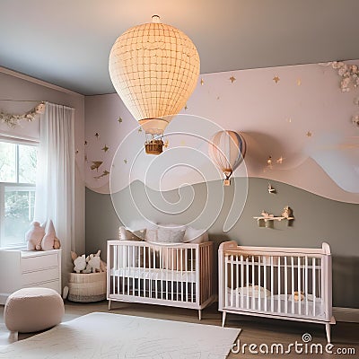 A whimsical nursery with a hot air balloon mobile and dreamy pastel wallpaper4 Stock Photo