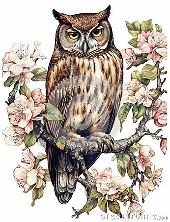 Whimsical Owl Perched on Flowering Tree Branch in Watercolor . Stock Photo