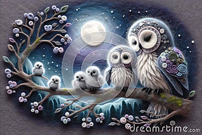 Whimsical Owls in Moonlit Forest Illustration Stock Photo