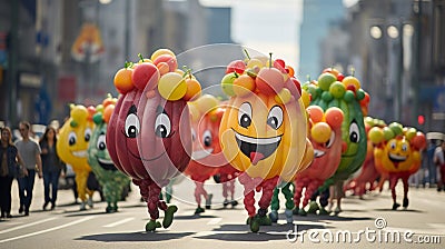 A whimsical parade of balloons in the form of smiling fruits, Stock Photo