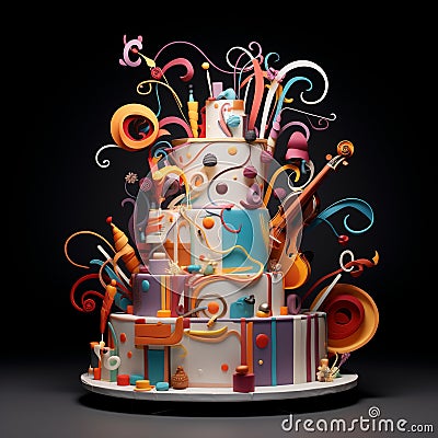 Whimsical Pastry Chef Conducting a Vibrant Orchestra of Frosted Cakes Cartoon Illustration