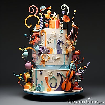 Whimsical Pastry Chef Conducting a Vibrant Orchestra of Frosted Cakes Cartoon Illustration