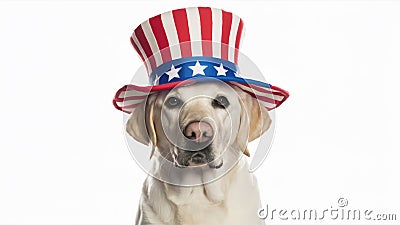 Whimsical and Patriotic White Labrador Retriever in Uncle Sam Hat. Copy-Space Concept: American Spirit Stock Photo