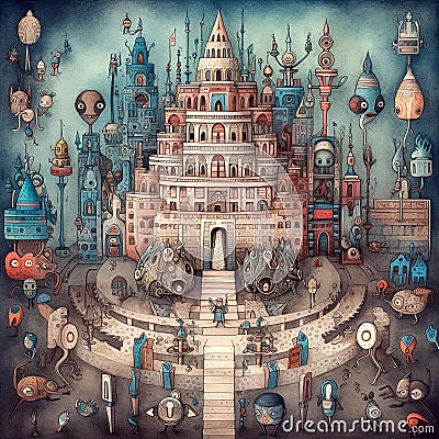 Whimsical pattern with square in front of the palace, with lots of different mystical alien creature. Generative AI Stock Photo