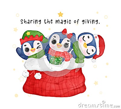 Whimsical Penguin Friends in Giant Santa Sack, Cartoon Christmas Watercolor Illustration Vector Illustration