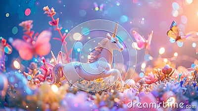 A whimsical podium with a touch of fairy dust featuring a magical meadow filled with unicorns butterflies and shimmering Stock Photo