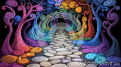 Whimsical Rainbow Forest Pixel Art Colorful Swirling Trees Line Stone Path to Dark Tunnel - Generative AI Cartoon Illustration