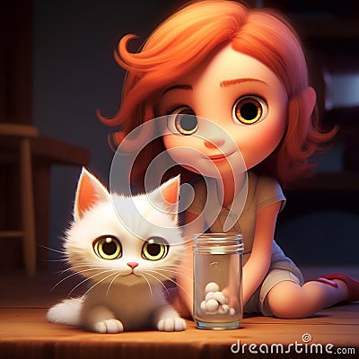 a cute and innocent of little cat playing with little girl Stock Photo