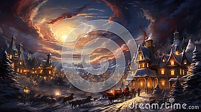 Whimsical Santa Claus Flying Over Festive Village Stock Photo