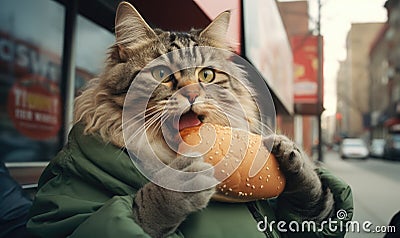 Whimsical scene of a cat in a green coat delightfully nibbling on a juicy hamburger. Created by AI Stock Photo
