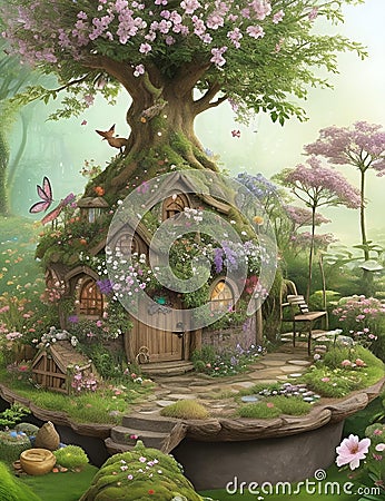 A whimsical scene with fairies, flowers and magical creatures, pastel color, 8k, printable, fantasy, nature Stock Photo