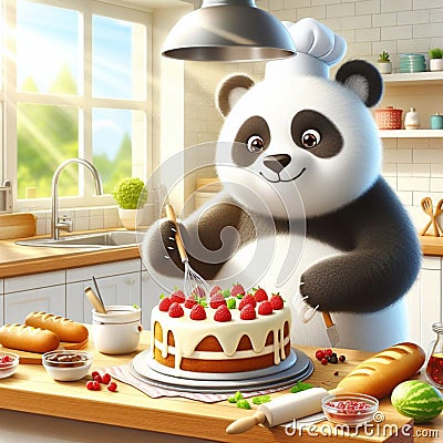 Whimsical Scene: Panda Baking Cake in a Sunny Kitchen