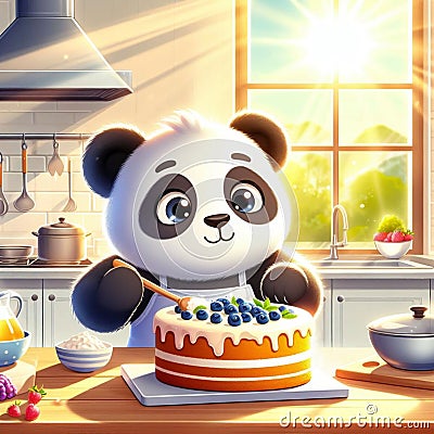 Whimsical Scene: Panda Baking Cake in a Sunny Kitchen