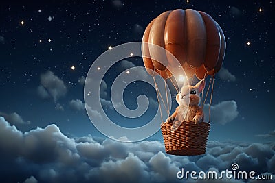 Whimsical scene of a rabbit in a air balloon Stock Photo