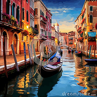 Whimsical scene of vibrant gondolas drifting along picturesque canals in Venice Stock Photo