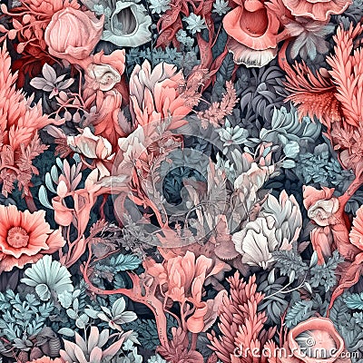 Whimsical seamles pattern with coral, seaweed and anemones. Intricate underwater life in soft pastel colors. Generative AI Stock Photo