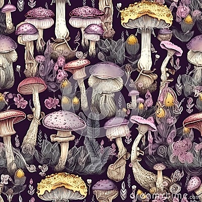 Whimsical seamles pattern with fantasy mushrooms in purple tones. Intricate background with amanita mushrooms Stock Photo