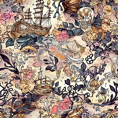 Whimsical seamless pattern in pirate style with skull and ships, ornate detailed wallpaper, texture design for gift wrap Stock Photo