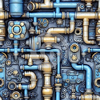 Whimsical seamless pattern with plumbing pipes and valves. Repetitive industrial background. Generative AI Stock Photo