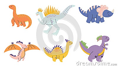 Whimsical Set Of Cartoon Dinosaur Characters, Perfect For Adding A Prehistoric Charm To Projects. Dino Personages Vector Illustration