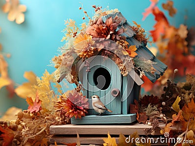 Whimsical Shelter: Wooden Birdhouse Nestled Among Dried Foliage and Vibrant Autumn Blooms on an Aqua Canva Stock Photo