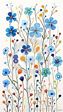 whimsical small spring flowers of blue color, folk style drawing, vertical image on a white background Stock Photo